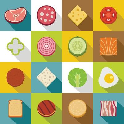 Slice food ingredient icons set, flat style