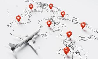 Plane flies above white paper map of the world travel with red location pins point background. Travel and wanderlust concept. 3D illustration rendering photo
