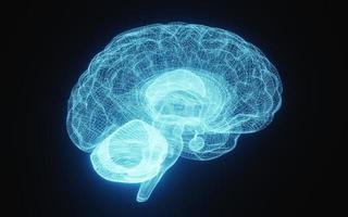 imagen de rayos X brillante del cerebro humano en estructura alámbrica azul sobre fondo negro aislado. ciencia y concepto médico. lado del cerebro. representación de ilustración 3d foto