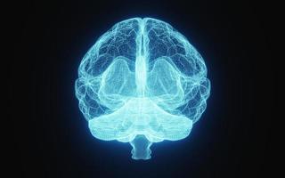 Glowing X-ray image of human brain in blue wireframe on isolated black background. Science and medical concept. In front of brain. 3D illustration rendering photo