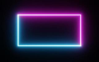 Square rectangle picture frame with two tone neon color motion graphic on isolated black background. Blue and pink light moving for overlay element. 3D illustration rendering. Empty copy space middle photo