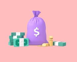 Money bag cash and coin 3d icon isolated. Business and finance concept. Dollars and gold coins stack. Wealth and banking icon. 3D Rendered Illustration. photo