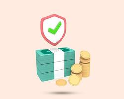 Cash and coin shield security 3d icon. Gold coin money 3D symbol. Bundles cash and floating coins with protect icon. 3D Rendered Illustration. photo