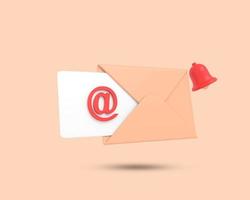 Mail and message with notification alert 3D icon. New mail notification. New message notification. letter in opened  envelope. 3D bell icon with envelope and letter.  3D Rendered Illustration. photo