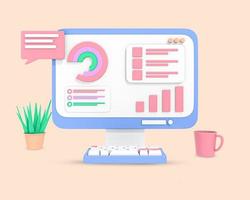 gráfico de negocios con la taza de la computadora y el icono 3d del árbol. los elementos del mercado de datos empresariales puntean diagramas y gráficos de gráficos circulares de barras. Ilustración procesada en 3D. foto