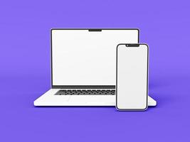 Laptop and Phone smartphone in on white background in minimal style for mockup and responsive website. Blank screen laptop computer, mobile phone 2022. 3D rendered illustration photo