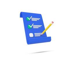 Checklist on paper 3d icon. pencil writing on floating paper with check. Data entry symbol. 3D Rendered Illustration. photo