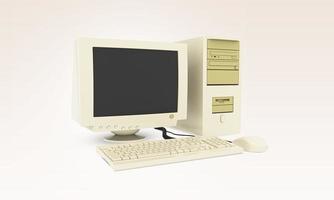 Old vintage desktop computer With keyboard and mouse. Old fashioned desktop PC. Retro style personal computer. 3D rendered illustration. photo