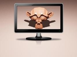 3D render brown monkey head on the TV and pink background. photo