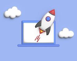 cute 3D rocket illustration with 3d laptop for achievement or start up photo