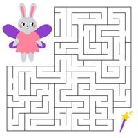 Maze game for children. Cute rabbit in costume fairy looking for a way to the magic wand. Children's educational game. Vector cartoon illustration.