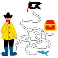 Maze game for children. Cute pirate is looking for a way to a treasure chest, a flag with a skull and a fish. Children's educational game. Vector cartoon illustration.