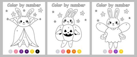 Color by number game for kids. Rabbit in costume for halloween. Bunny vampire, fairy and pumpkin. Printable worksheet with solution for school and preschool. Learning numbers activity. vector