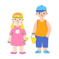 Couple of boy and girl. Big brother and little sister. Happy children play with sand. Cute kids. Vector cartoon illustration for print.