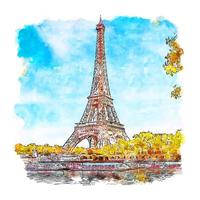 Eiffel Tower Paris France Watercolor sketch hand drawn illustration vector