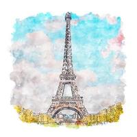 Eiffel Tower Paris France Watercolor sketch hand drawn illustration vector
