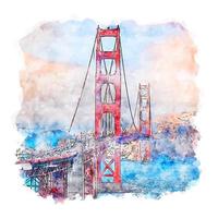 Golden Gate Bridge California Watercolor sketch hand drawn illustration