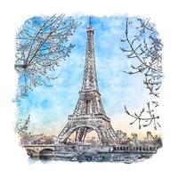 Eiffel Tower Paris France Watercolor sketch hand drawn illustration