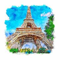 Eiffel Tower Paris Watercolor sketch hand drawn illustration vector