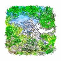 gifu castillo japón acuarela boceto dibujado a mano ilustración vector