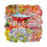 Japan Tokyo castle autumn watercolor sketch hand drawn illustration