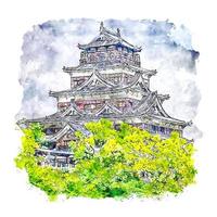 Hiroshima Castle Japan Watercolor sketch hand drawn illustration vector