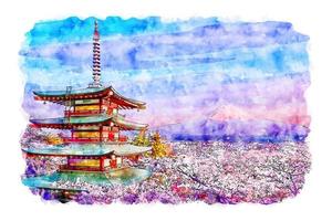 Landscape Chureito Pagoda Japan Watercolor sketch hand drawn illustration vector