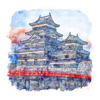 Matsumoto Castle Japan Watercolor sketch hand drawn illustration vector