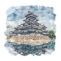 castillo de matsumoto japón acuarela boceto dibujado a mano ilustración vector