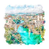 Mostar Bosnia Watercolor sketch hand drawn illustration vector