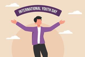 Happy young boy raise his arms. International Youth day. Flat vector illustration isolated.