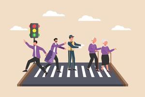Policeman help people cross the road at zebra cross. Road or traffic concept. Flat vector illustration isolated.