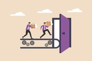 Employees resign and walk on the gears through the exit door. Human resources concept. Colored flat graphic vector illustration isolated.