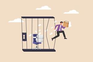 Businessman jump and frees himself from  the toxic workplace. Human resources concept. Colored flat graphic vector illustration isolated.