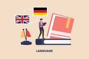 Student study  language with a dictionary. Subjects concept in school and university. Flat vector illustration isolated.