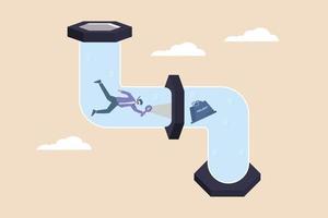 Businessman diving in big pipe looking for project. Optimization business concept. Colored flat graphic vector illustration isolated.