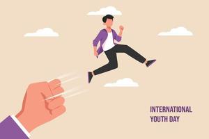 Happy young boy jumping with hand boost. International Youth day. Flat vector illustration isolated.