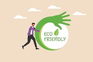 Eco friendly hand logo on white background. Comfortable material in hand. Suitable for product label. Label or sticker concept. Vector design illustration.