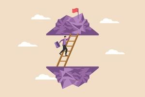 Businessman walking on stairs to get to target flag on mountain. Business success concept. Colored flat vector illustration isolated.