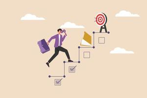 Businessman with suitcase and magnifying glass climbs up and checklists to progress to target. Colored flat graphic vector illustration isolated.
