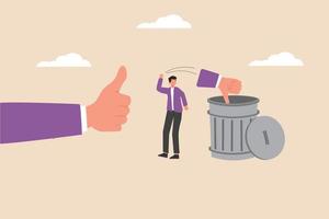 Businessman throw Hand thumb down to bin and make to hand thumb up. Product Rating Concept. Flat vector illustration isolated.