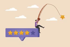 Businessman catching stars with fishing rods to put on star bar. Product Rating Concept. Flat vector illustration isolated.