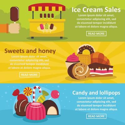 Sweets candies banner horizontal set, flat style
