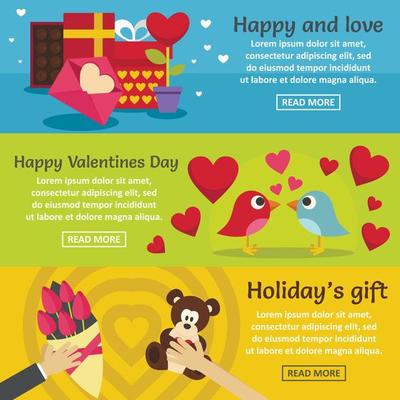 Saint Valentine banner horizontal set, flat style