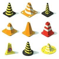 Cone traffic fence icons set, isometric style vector