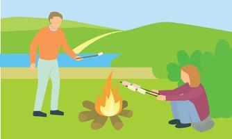 Couple cooking marshmallow concept banner, flat style vector