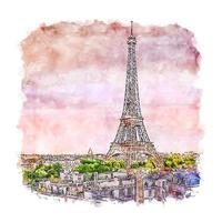 Paris France Watercolor sketch hand drawn illustration