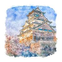 Osaka Castle Japan Watercolor sketch hand drawn illustration