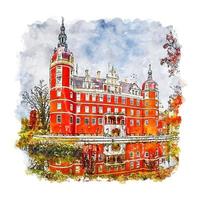 Muskau Castle Germany Watercolor sketch hand drawn illustration vector