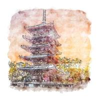 Nara Prefecture Japan Watercolor sketch hand drawn illustration vector